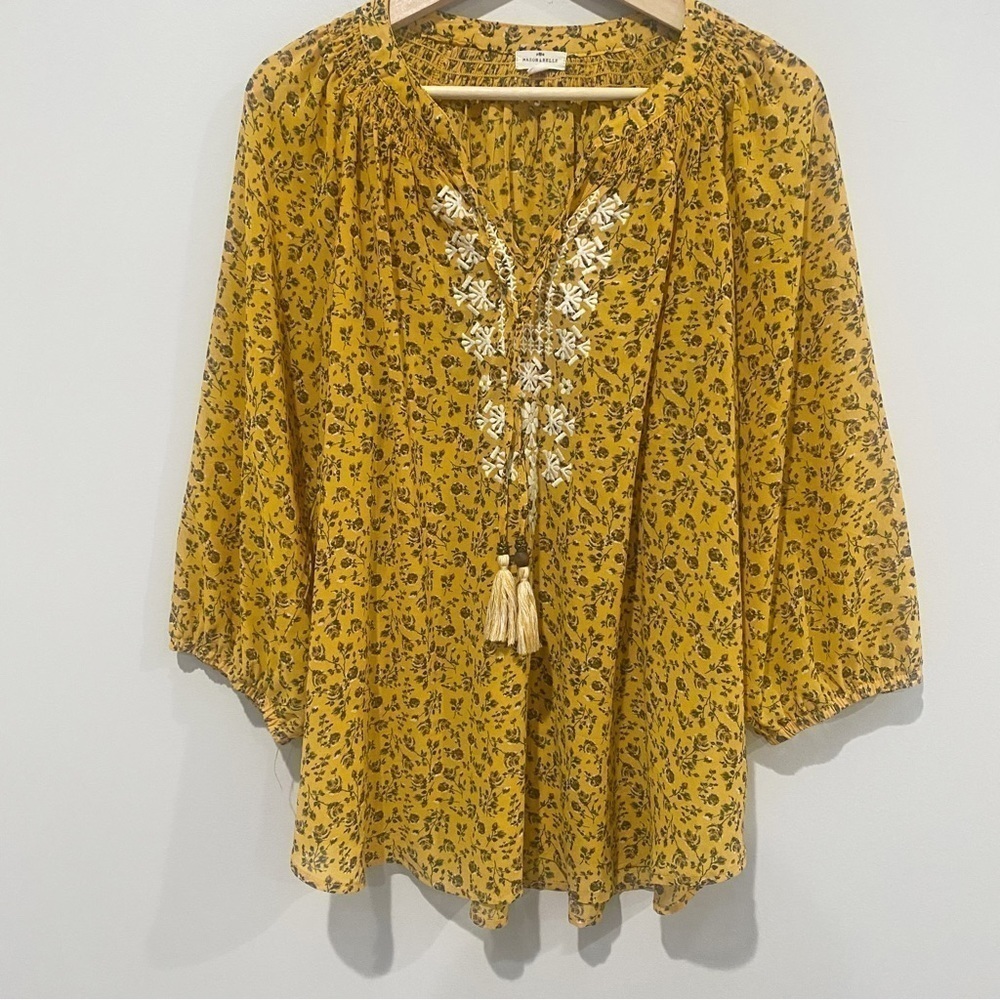MASON & BELLE Mustard Yellow Peasant Top Embroidered Ditsy Floral Boho Size 1X
